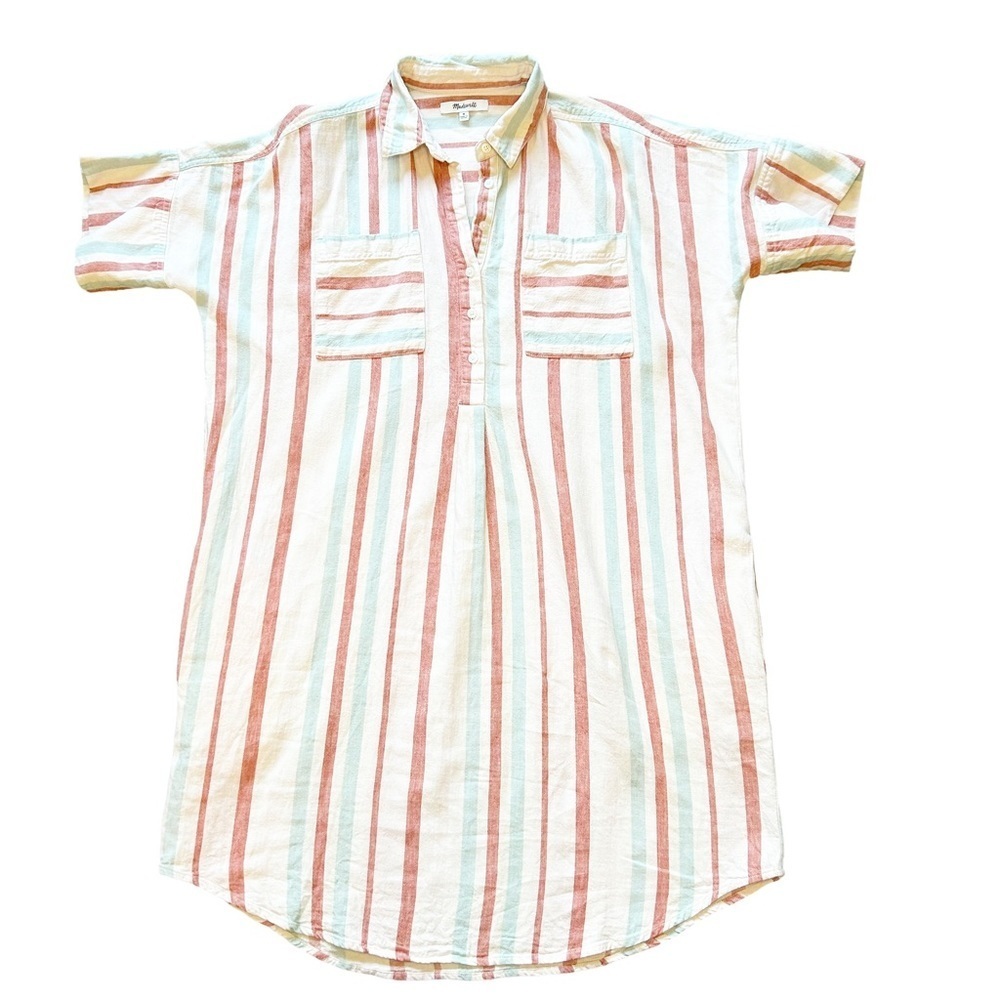 Madewell Courier Stripe Linen Cotton cream multicolor shirt dress Popover Medium - Picture 2 of 8